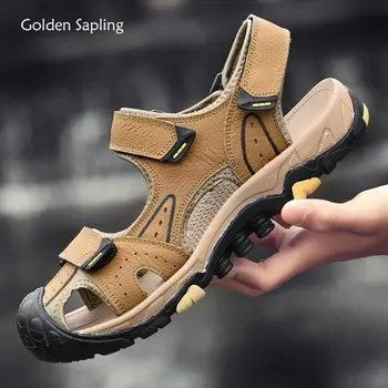 Мужские сандалии в стиле Ретро с золотым деревцем, Уличная мужская обувь из натуральной кожи, Дышащая летняя пляжная обувь для мужчин, сандалии на плоской подошве для отдыха