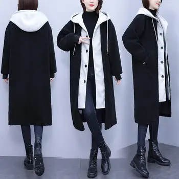 Пальто из искусственной овечьей шерсти Большого Размера из двух частей, Женская Осенне-Зимняя мода 2022, Повседневная Свободная Куртка С капюшоном, Топ Mujer Abrigos T1247