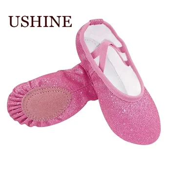 USHINE Блестящая Балетная танцевальная обувь для занятий йогой, тапочки на плоской подошве розового, синего, розово-красного цветов, балетная танцевальная обувь для девочек, детей, женщин