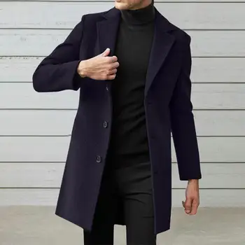 Зимнее мужское шерстяное пальто С Лацканами, Длинный рукав, Однобортный костюм средней длины, Верхняя одежда, Боковые карманы, однотонная длинная верхняя одежда