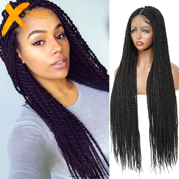 X-TRESS Полностью Кружевные синтетические Сенегальские Плетеные парики с закруткой для женщин, Парик из длинных прямых волос Ручной работы, 32-дюймовые легкие косички