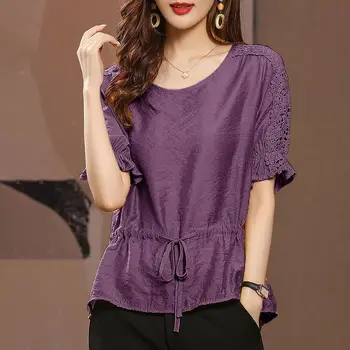 2023, новая летняя женская шифоновая футболка, Повседневная однотонная блузка с коротким рукавом и завязками, винтажная эстетичная женская одежда