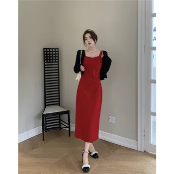 Женский комплект красного французского платья на бретелях в стиле ретро + черный кардиган с баской, облегающие талию Сексуальные вечерние Платья в винтажном стиле