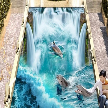 beibehang самоклеящиеся обои Водопад дельфина Водонепроницаемая наклейка Противоскользящий пол в ванной 3D фреска обои для домашнего декора