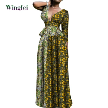 Женская одежда в африканском стиле, Комплект из 2 предметов, топ с вышивкой, рубашка и Длинная Юбка, Элегантная Вечерняя одежда в стиле Дашики с V-образным вырезом, WY8713