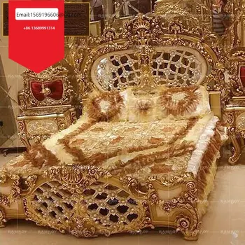 Итальянская кровать из массива дерева, двуспальная кровать, резная кровать принцессы из золотой фольги, спальня на вилле, главная спальня, свадебная кровать