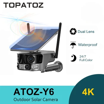 TOPATOZ 4K 8MP Солнечная камера Беспроводная двухобъективная WiFi IP-камера Наружная PIR Система обнаружения человека Камеры видеонаблюдения