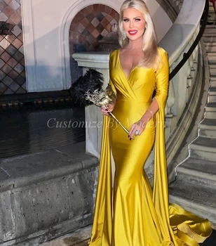 Русалочьи Желтые атласные платья с длинными рукавами для выпускного вечера с V-образным вырезом и шлейфом Из Саудовской Аравии Вечерние платья Для официальных вечеринок