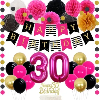 Украшения на день рождения Funmemoir 30th 16th 21th для девочки, ярко-розовые воздушные шары, баннер с Днем Рождения, Бумажные веера, Цветы, принадлежности для вечеринок