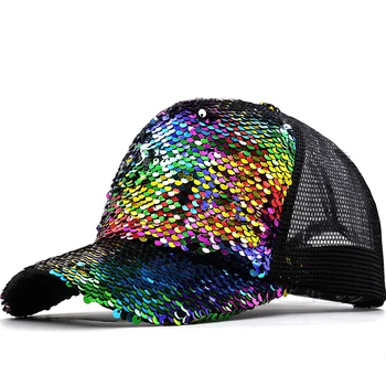 Роскошная разноцветная сетчатая бейсболка с блестками для женщин, женская летняя шляпа, бейсболки в стиле хип-хоп, солнцезащитная кепка для девочек, праздничная кепка с костями