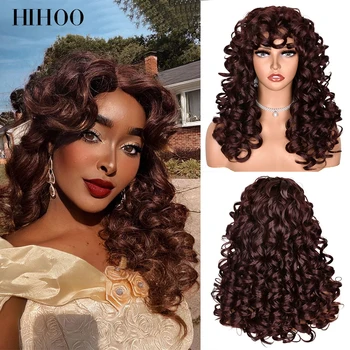 Медно-рыжие Короткие Вьющиеся синтетические парики для женщин, Красно-коричневые Парики из натуральной волны с челкой, Термостойкие волосы для косплея HIHOO Hair