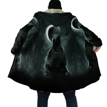 Зимний Мужской Для Женщин Плащ с капюшоном Wolf 3D По всему телу Ветровка из овечьей шерсти Теплый Плащ с капюшоном 01