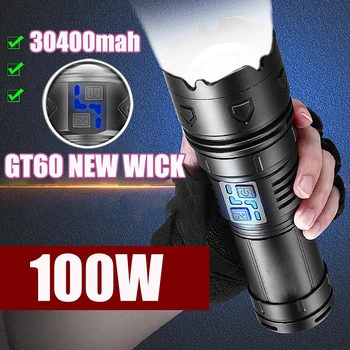 Тактический фонарик GT60 мощностью 100 Вт, мощный светодиодный фонарик 2000000ЛМ, USB-аккумуляторная вспышка из алюминиевого сплава с индикатором мощности