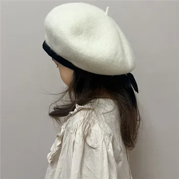 202212-hh-бархатный бант, прекрасный шерстяной фетр, зимний берет в форме гриба для девочек, детская шляпа художника для отдыха