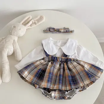 Весеннее платье 2023 года Для маленьких девочек, клетчатая юбка на подтяжках, Брюки + детское нижнее пальто с воротником, 2 комплекта