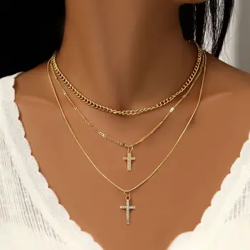 Ожерелье с крестом, Многослойные Счастливые украшения, цепочка на Ключицу, Модное простое ожерелье в виде звезды и Луны, Двухслойное ожерелье для женщин, подвеска Gif