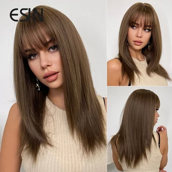 ESIN Синтетические волосы Средней Длины Прямой Парик с челкой INS Косплей Натуральные Парики для женщин Термостойкие