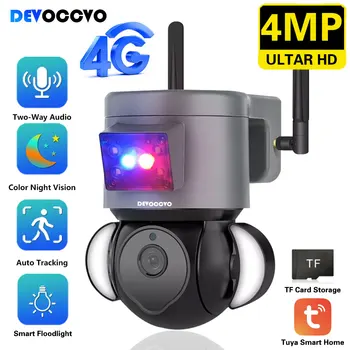 Tuya APP 4G Камера Прожекторная PTZ-Камера Купольная 2K 4MP Беспроводная 4G SIM-карта IP-камера Безопасности Наружного Видеонаблюдения P2P IR Ночного Видения 40M