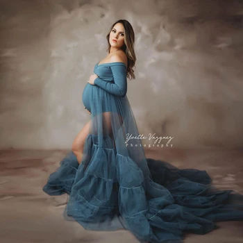 Высококачественные Пыльно-синие Женские платья-двойки для беременных с открытыми плечами, боди с длинными рукавами и эластичной Талией, Прозрачное Длинное платье