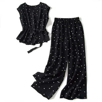 Модный шифоновый комплект из двух предметов в черный горошек, топ и брюки, женский 2023, новые летние корейские широкие брюки, легкие модные