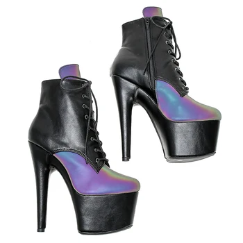 Leecabe/черные ботинки на платформе 17 см/7 дюймов с блестящим двухцветным верхом на высоком каблуке и платформе с закрытым носком для танцев на шесте