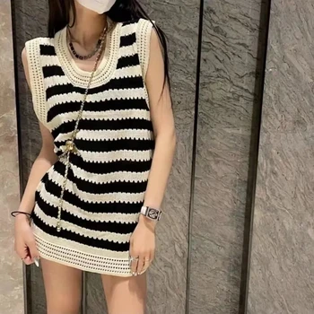 Корейское модное полосатое платье без рукавов, летняя новинка 2023, винтажная мини-юбка с вырезами, тонкая Свободная юбка