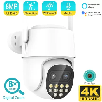 4K 8MP Двухобъективная WiFi Смарт PTZ IP-камера 3,6 + 12 мм 8-Кратный Гибридный Зум Обнаружение Человека Автоматическое Отслеживание Уличной Видеокамеры Видеонаблюдения
