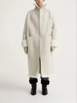 Женское Кожаное Меховое пальто с Отложным воротником, Зимняя Новая Женская Свободная Куртка средней длины на Молнии