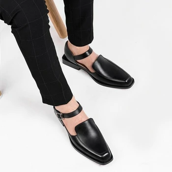 Новая Черная повседневная мужская обувь в деловом стиле, Босоножки с ремешком и пряжкой, круглый носок, обувь для мужчин, Бесплатная доставка, Размер 38-44