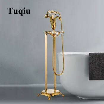 Смеситель для ванной комнаты Tuqiu Gold Ручной душ Отдельно Стоящий Черный Смеситель для ванны Swan с масляной щеткой Напольный