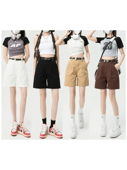Летние женские шорты прямого кроя, костюм длиной до колена, короткие брюки, однотонная черно-белая одежда, повседневные шорты тонких цветов, женские