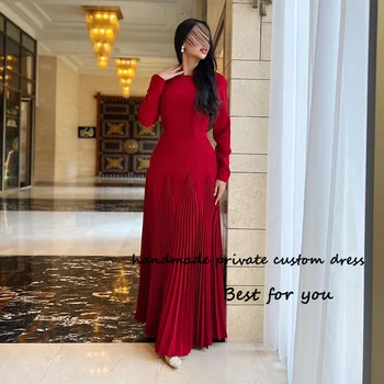 Красные вечерние платья из Атласа в Саудовскую Аравию с длинными рукавами и круглым вырезом, женское вечернее платье Длиной до пола, платья для мероприятий в Дубае