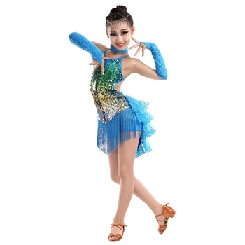 Танцевальный костюм с блестками и кисточками для девочек от 6 до 15 лет, Одежда для выступлений, Детское платье для латиноамериканских танцев, Детское платье для латиноамериканских танцев
